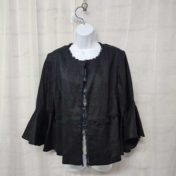 Chico's Black Linen Jacket Fringed Boho Minimalist Bell Sleeves 1 (M) - Picture 13 of 13